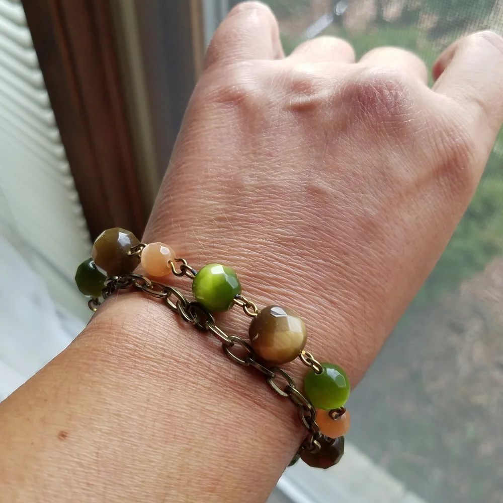 Genuine Gemstone Cat’s Eye Brass Chain Bracelet - Handmade NWT